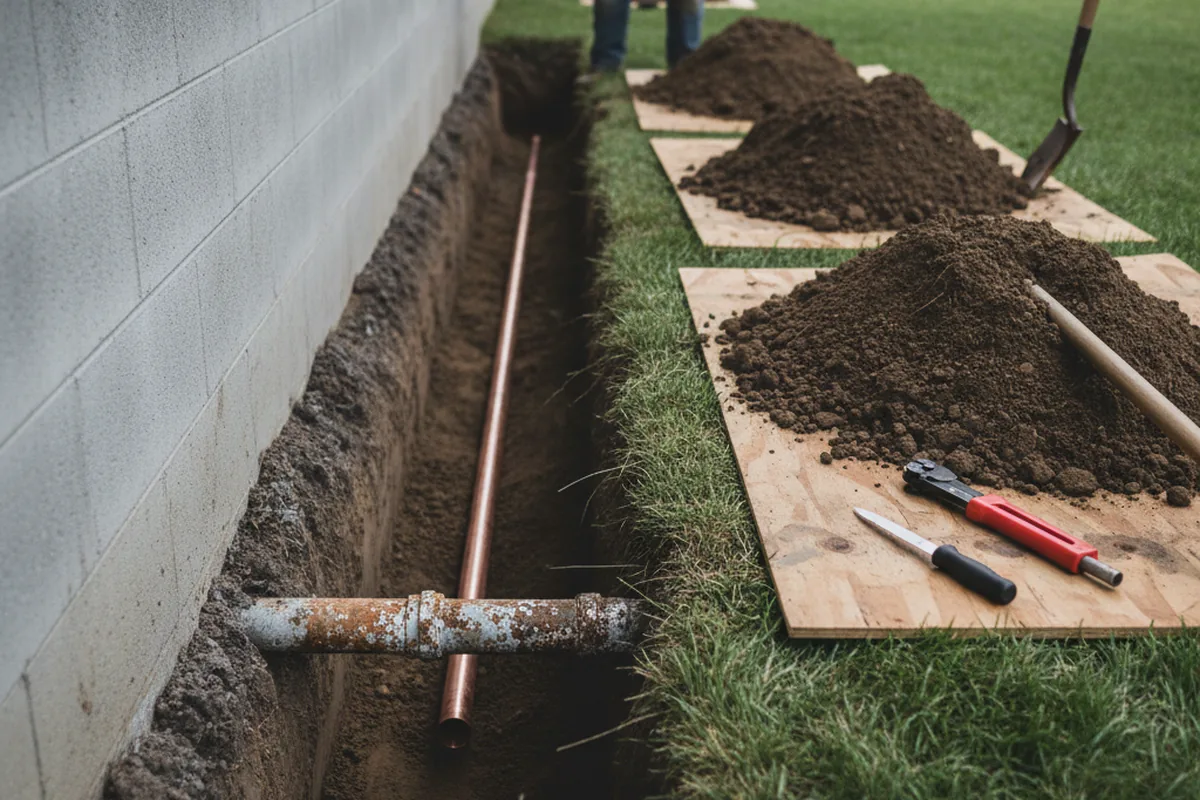 Excavated water line trench during Water Softener Installation in Tahoe City